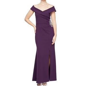SLNY Fashions Ignite Evenings plum purple off shoulder gown